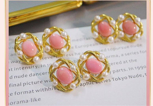 Square Pink Queen Conch Shell Pearls Earrings Gold Vermeil - House Of Pearls